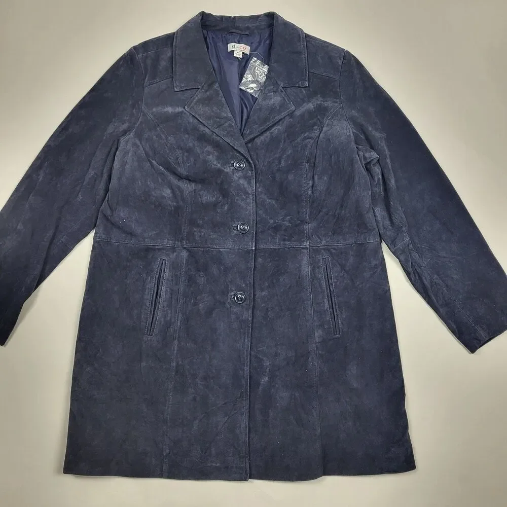 Vtg 90s Blazer Jacket Womens XL Blue Suede Leather Trench Coat Grunge Y2K Goth